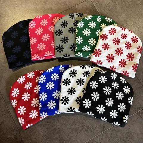 Unisex Acrylic Knit Beanie Hat Floral Jacquard Pattern Warm Winter Contrast Color Streetwear Hip Hop Pullover Cap