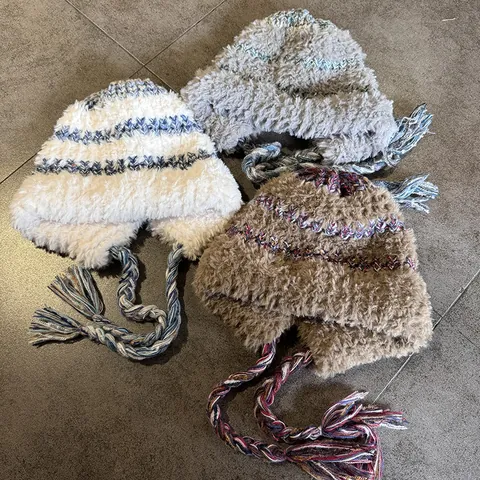 Women's Plush Knitted Earflap Hat Faux Fur Trapper Hat With Braided Tassels Warm Winter Beanie Face Slimming Fluffy Cap