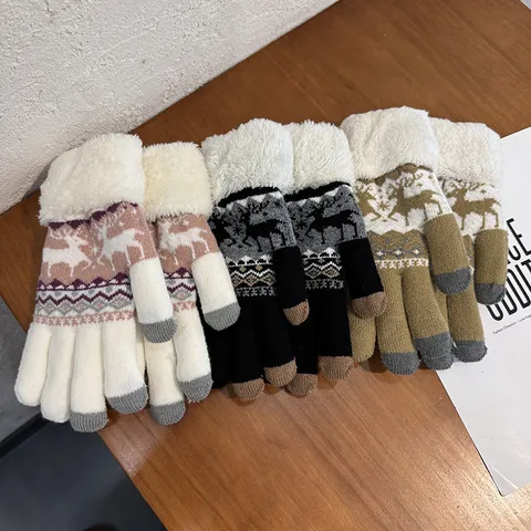 Gants d'Hiver en Tricot pour Femmes Jacquard Renne Flocon de Neige Poignet en Fausse Fourrure Écran Tactile Doublés Polaire Chauds