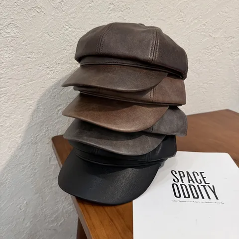 Gorra Octogonal de Cuero Artificial Vintage Gorra de Vendedor de Periódicos Para Mujeres Hombres Color Sólido Estilo Británico Sombrero de Pintor Cálido A Prueba de Viento Accesorios de Moda