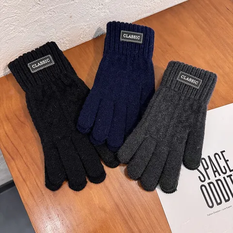 Guantes de Punto Cálidos de Invierno para Hombre Engrosados de Moda Jacquard Pantalla Táctil Mitones Con Parche Clásico Exterior Cortaviento
