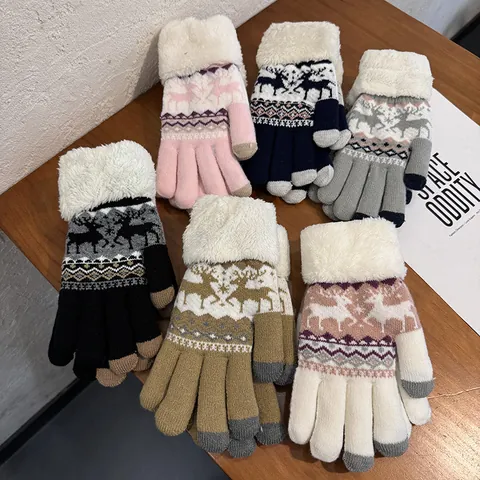 Gants d'Hiver en Tricot pour Femmes Jacquard Renne Flocon de Neige Poignet en Fausse Fourrure Écran Tactile Doublés Polaire Chauds