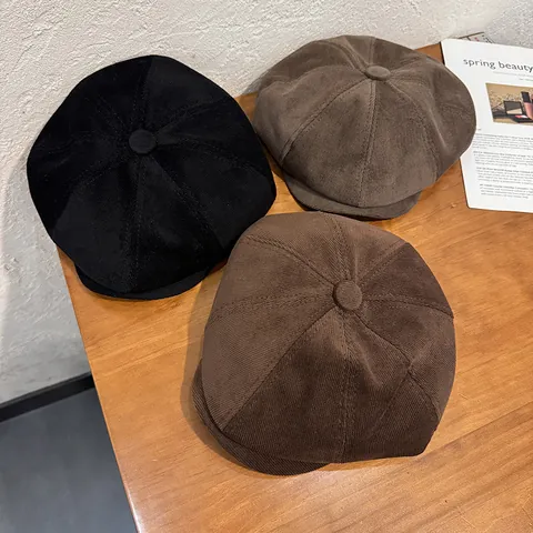 Vintage Corduroy Newsboy Cap For Men Women Solid Color Octagonal Hat Japanese Style Autumn Winter Warm Retro Painter Cap