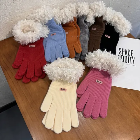 Women Winter Knitted Gloves With Faux Lamb Wool Trim Warm Windproof Touchscreen Opening Korean Fashion Casual Gloves