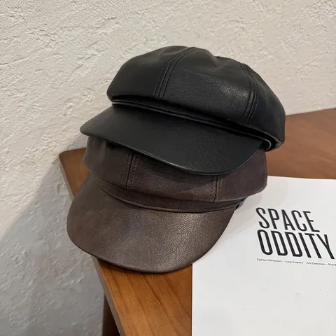 Gorra Octogonal de Cuero Artificial Vintage Gorra de Vendedor de Periódicos Para Mujeres Hombres Color Sólido Estilo Británico Sombrero de Pintor Cálido A Prueba de Viento Accesorios de Moda