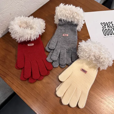 Women Winter Knitted Gloves With Faux Lamb Wool Trim Warm Windproof Touchscreen Opening Korean Fashion Casual Gloves