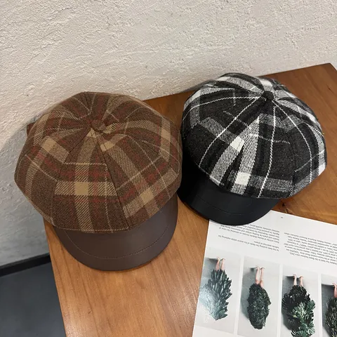 Vintage Kariert Schirmmütze Damen Wollstoff PU Leder Patchwork Achteckige Mütze Britischer Stil Winter Warme Baskenmütze