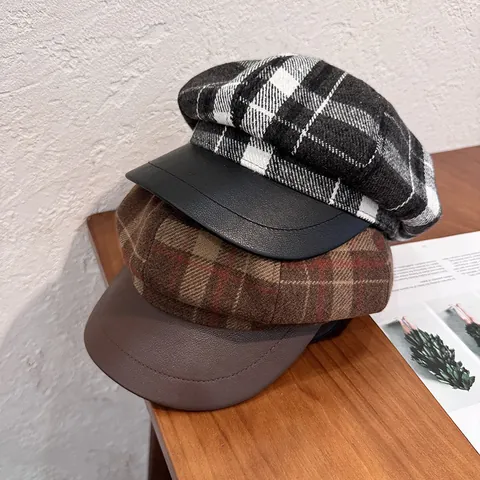 Vintage Kariert Schirmmütze Damen Wollstoff PU Leder Patchwork Achteckige Mütze Britischer Stil Winter Warme Baskenmütze