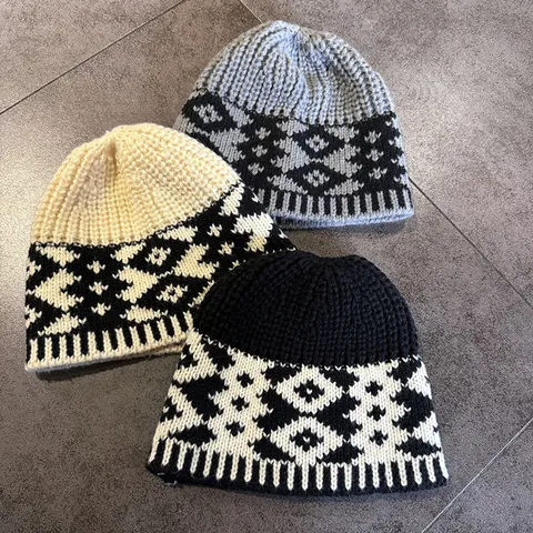 Vintage Jacquard Knit Beanie Hat For Men Women Retro Geometric Pattern Warm Winter Fisherman Skull Cap Autumn Headwear