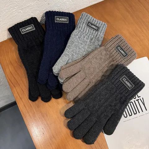 Guantes de Punto Cálidos de Invierno para Hombre Engrosados de Moda Jacquard Pantalla Táctil Mitones Con Parche Clásico Exterior Cortaviento