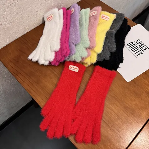 Guantes de Invierno para Mujer de Pelo de Visón Sintético Gruesos Cálidos Color Sólido Peluche Pantalla Táctil para Ciclismo