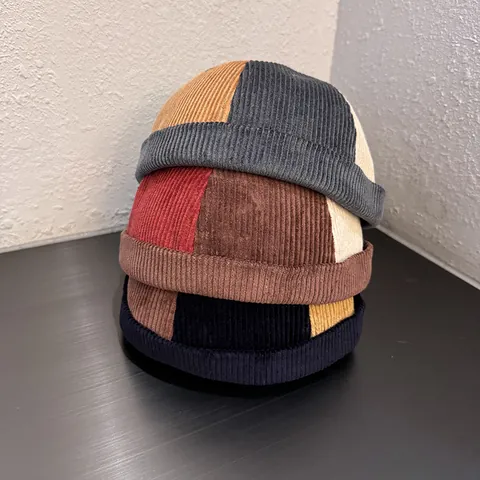 Vintage Corduroy Patchwork Brimless Docker Hat For Men Women Retro Japanese Streetwear Miki Cap Adjustable Skullcap