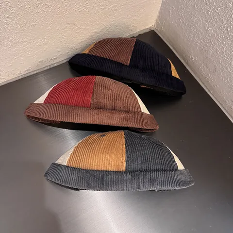 Vintage Corduroy Patchwork Brimless Docker Hat For Men Women Retro Japanese Streetwear Miki Cap Adjustable Skullcap