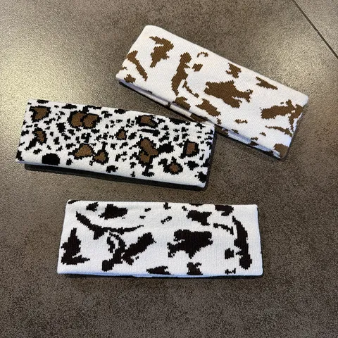 Fascia Sportiva in Filato di Lana a Maglia con Motivo Mucca Leopardo Per Donna Uomo Fascia Elastica per Capelli Accessorio Casual