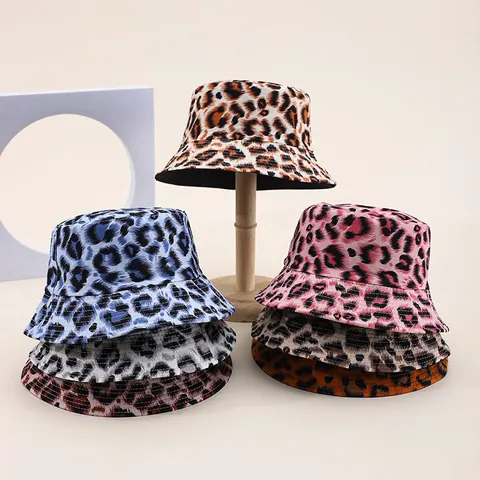 Leopard Print Bucket Hat Cotton Polyester Blend Reversible Double Sided Sun Shade Fisherman Hat For Outdoor Casual Unisex Flat Top Pot Hat