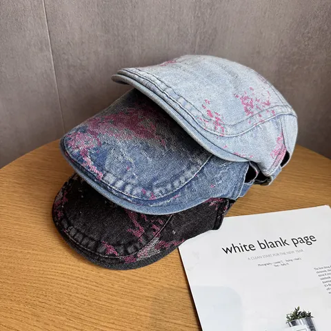 Damen Vintage Washed Denim Flat Cap Distressed Farbspritzer Verstellbar Streetwear Newsboy Beret Hut Lässiges Accessoire