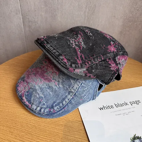 Damen Vintage Washed Denim Flat Cap Distressed Farbspritzer Verstellbar Streetwear Newsboy Beret Hut Lässiges Accessoire