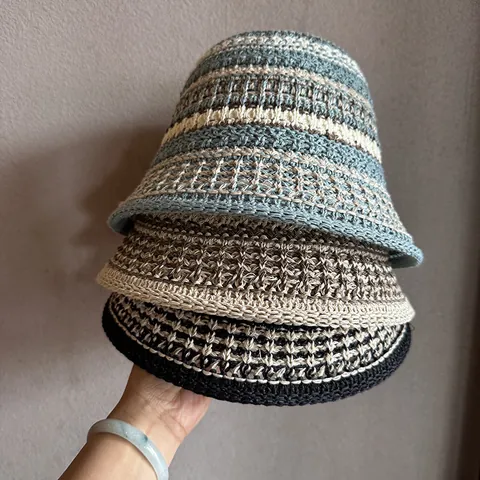Women Striped Crochet Bucket Hat Breathable Polyester Hollow Out Sun Hat Fashion Handmade Foldable Sunshade Beach Hat