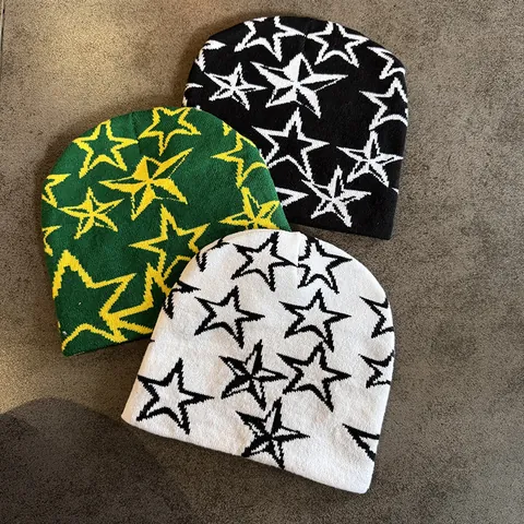 Unisex Hip Hop Pentagram Jacquard Knit Beanie Acrylic Warm Star Pattern Slouchy Skull Cap Outdoor Winter Hat