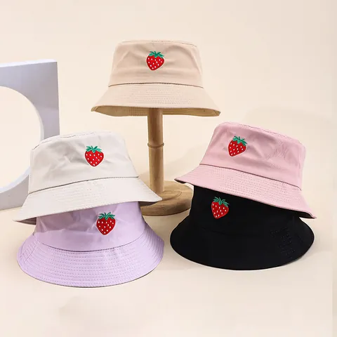 Women's Fresh Strawberry Embroidery Bucket Hat Summer Cotton Blend Sunshade Wide Brim Foldable Fisherman Hat Outdoor Casual Sun Hat