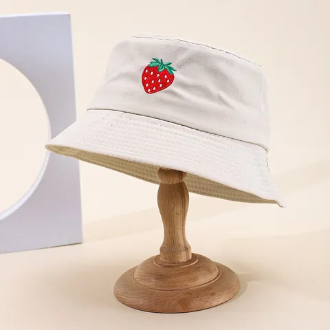 Women's Fresh Strawberry Embroidery Bucket Hat Summer Cotton Blend Sunshade Wide Brim Foldable Fisherman Hat Outdoor Casual Sun Hat