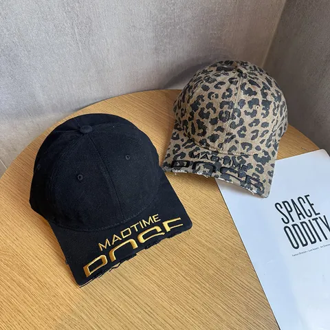Amerikanisch Distressed Gewaschen Baumwolle Baseballkappe Für Herren Damen Verstellbar Bestickte Buchstaben Abgenutzte Krempe Leopard Schwarz Streetwear Hut