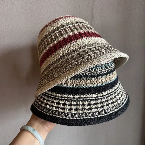 Women Striped Crochet Bucket Hat Breathable Polyester Hollow Out Sun Hat Fashion Handmade Foldable Sunshade Beach Hat