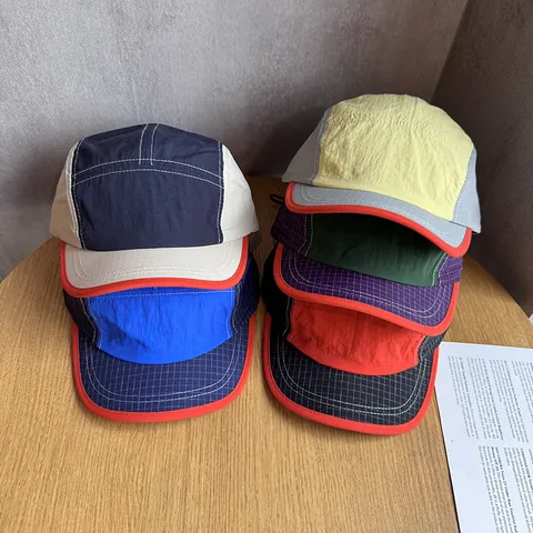 Outdoor Quick-Dry Five-Panel Camper Hat For Women Men Breathable Sun Protection Color Block Plaid Short Brim Baseball Cap