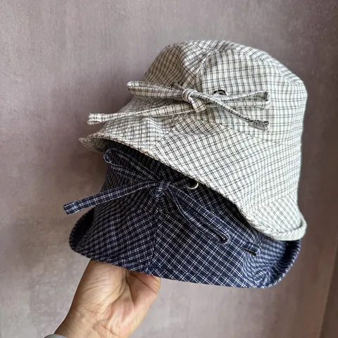 Sweet Checkered Bucket Hat For Women Summer Bow Detail Large Brim Sun Protection Foldable Cotton Fisherman Basin Hat