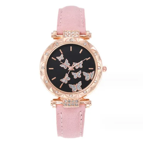 Fashion Women Watch Bracelet Jewelry Butterfly Pattern Dial Rhinestone Inlaid Rose Gold Alloy Case Faux Leather Strap Quartz Wristwatch Gift For Ladies