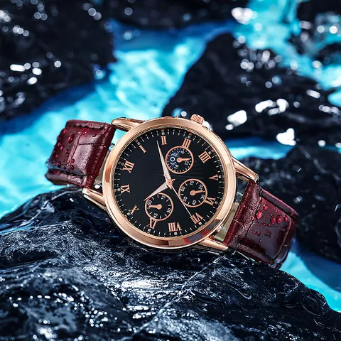 Men's Business Casual Quartz Watch With Roman Numerals Three-Eye Dial Rose Gold Alloy Case Crocodile Pattern Faux Leather Strap Wristwatch