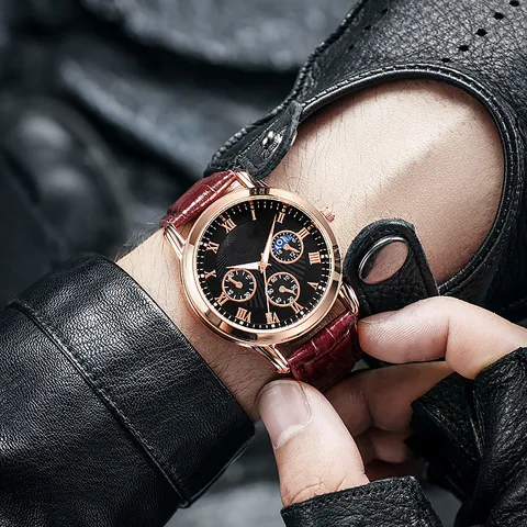 Herren Business Quarzuhr Roségold Legierung Gehäuse Kunstleder Armband Römische Ziffern Drei Zifferblätter Mode Armbanduhr Luxus Elegant Schmuck