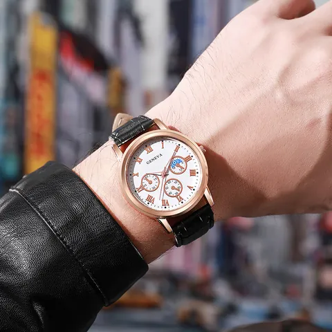Men Fashion Business Quartz Watch Faux Leather Strap Alloy Case Roman Numerals Dial Sub-dials Casual Wristwatch Jewelry