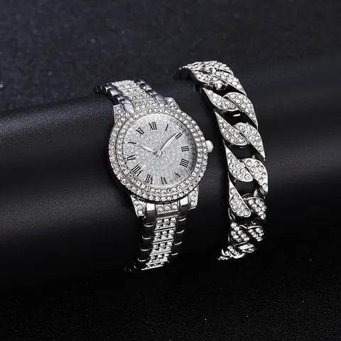 Parure De Montre Et Bracelet De Luxe En Alliage Avec Strass Cadran À Chiffres Romains Entièrement Serti De Strass Montre À Quartz Bijoux De Mode Hip Hop Pour Femme Cadeau De Banquet