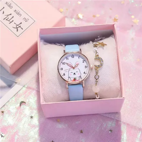 Cute Cartoon Rabbit Girl Quartz Watch Student Simple Mori Style Wristwatch And Star Moon Jewelry Bracelet Gift Box Jewelry