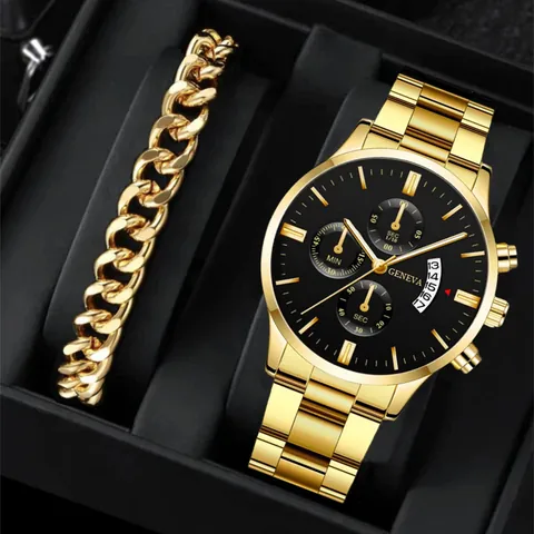 Men Business Fashion Quartz Watch And Bracelet Combo Calendar Multi Dial Alloy Steel Strap Wristwatch Gift For Men