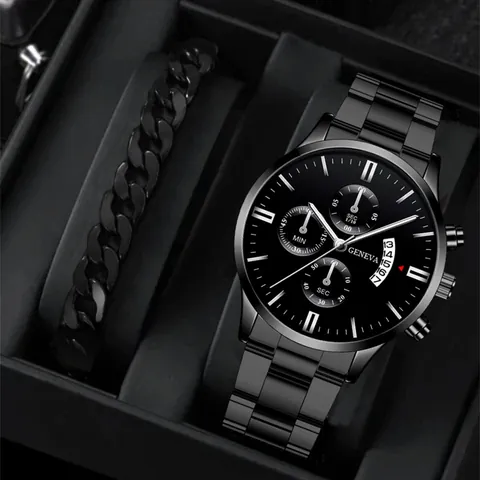 Men Business Fashion Quartz Watch And Bracelet Combo Calendar Multi Dial Alloy Steel Strap Wristwatch Gift For Men