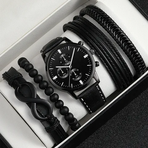Orologio al Quarzo da Uomo E Bracciale Intrecciato Cassa in Lega Cinturino in Pelle PU Maglia in Acciaio Inossidabile Ciondolo Infinito Piuma Gioielli Per Uomo