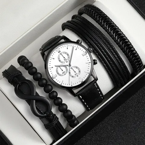 Orologio al Quarzo da Uomo E Bracciale Intrecciato Cassa in Lega Cinturino in Pelle PU Maglia in Acciaio Inossidabile Ciondolo Infinito Piuma Gioielli Per Uomo