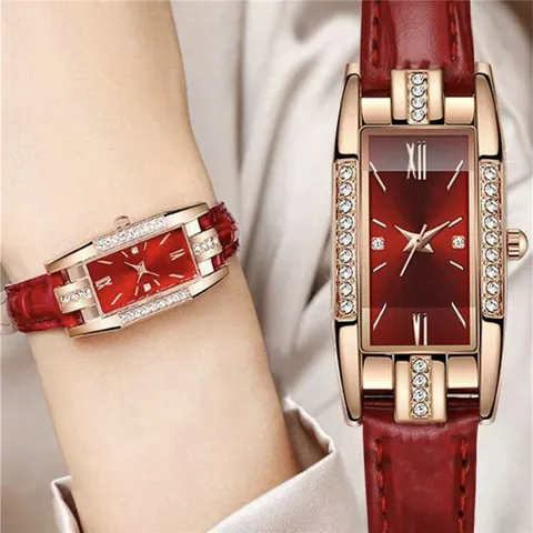 Women Rectangular Quartz Watch Necklace Earrings Ring Luxurious Red Faux Leather Crocodile Strap Rhinestone Accents Vintage Fashion Jewelry