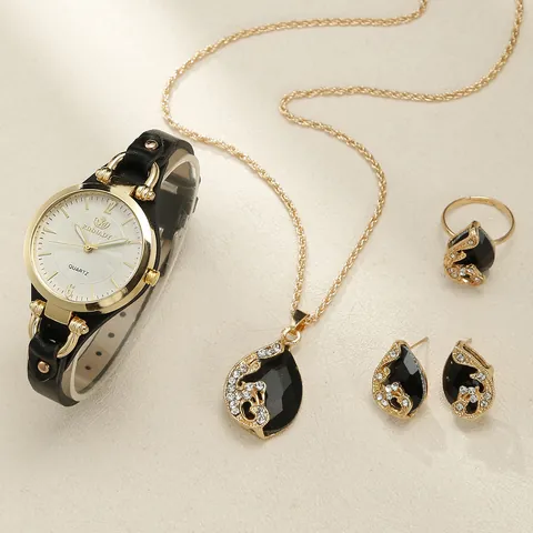 Women Fashion Punk Quartz Watch With Faux Leather Strap Alloy Rhinestone Necklace Pearl Earrings Ring Jewelry Accessories Gift