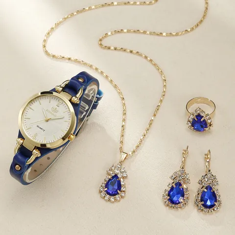 Women Fashion Punk Quartz Watch With Faux Leather Strap Alloy Rhinestone Necklace Pearl Earrings Ring Jewelry Accessories Gift