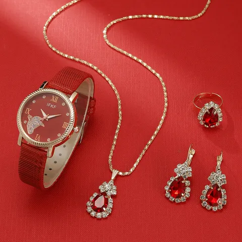 Women Fashion Quartz Watch Jewelry Set Alloy Butterfly Roman Numerals Faux Leather Band Rhinestone Necklace Bracelet Earrings Gift