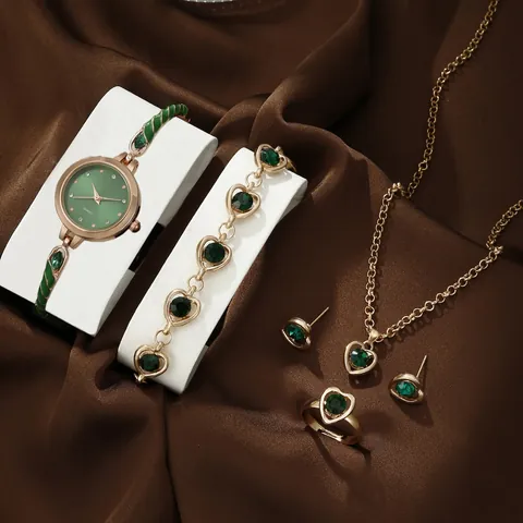 Women Fashion Jewelry Watch Necklace Bracelet Ring Earrings Alloy Crystal Heart Waterdrop Elegant Accessory Gift Collection