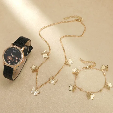 Elegant Dames Quartz Horloge Met Bloemen Wijzerplaat Kunstlederen Band Vlinder Ketting Armband Ring Oorbellen Collectie