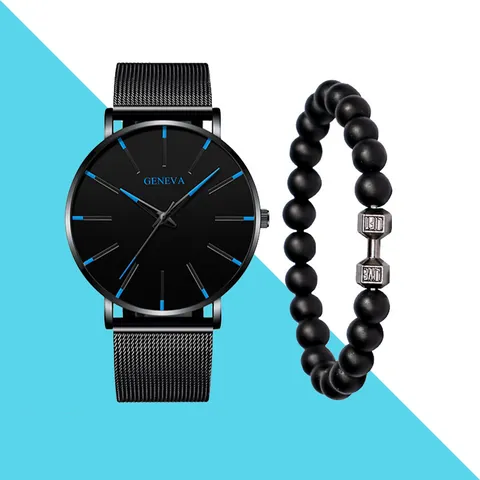 GENEVA Men Quartz Watch Minimalist Blue Needle Business Mesh Band Watch With Beaded Dumbbell Bracelet Jewelry