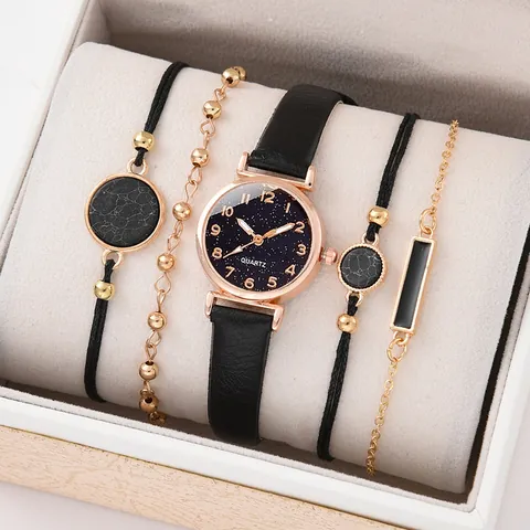 Montre à Quartz pour Femme avec Cadran Ciel Étoilé et Bracelets Assortis Bracelet en Similicuir Combinaison de Bijoux de Mode pour Dames