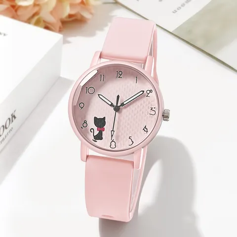 Orologio al Quarzo con Cinturino in Silicone e Quadrante a Forma di Gatto per Donna Studenti Semplice Stile INS Analogico Cassa in Lega