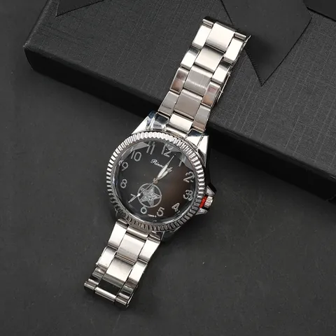 Fashion Business Men Quartz Watch Alloy Case Stainless Steel Strap Fluted Bezel Gradient Dial Star Decor Analog Watch