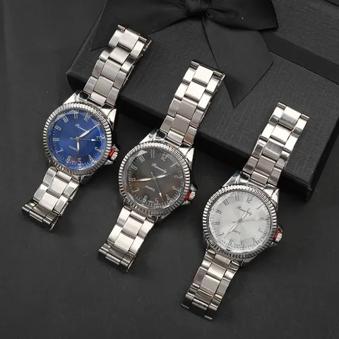 Men's Business Quartz Watch Stainless Steel Strap Alloy Case Classic Analog Wristwatch With Fluted Bezel Round Dial Men Gift